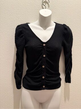 Crave Fame Black Ruched Button-Front Puff-Sleeve Top